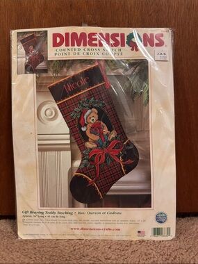 New Vintage 2002 Dimensions counted cross stitch “Gift Bearing Teddy Stocking”